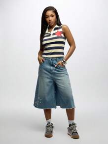 SUMWON WOMEN 复古风复古美式星条旗无袖橄榄球衫背心夏季节日学院风翻领背心 Y2k 时尚派对俱乐部服装