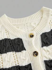 Skyraze Lässiger Pullover Cardigan mit Streifen in Kontrastfarbe für Damen mit Rundhalsausschnitt, für Brunch-Damen, Renaissance-Messe, formelle Abendgarderobe, Konzert-Damen, Teeparty-Oberteile, Kleidung für den Schulanfang - Verschiedenfarbig - Übersicht 3