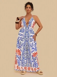 Travachic Plus Size Women's Blue & White Tropical Plant Print Jumpsuit, V-Neck Sleeveless Long Wide Leg Jumpsuit With Pockets Chic Women's Jumpsuit  Country Concert Outfit - Blue and White - View 4
