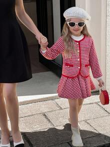 SHEIN Elladie kids 少女红白格子可爱长袖外套搭配裙子套装，适合秋冬 - 紅色 - 查看 6