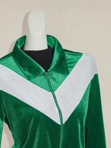 SHEIN ICON Women's Going Out Green Back To School Preppy Casual Colorblocked Patchwork Jacket, Spring/Autumn - Green - View 9