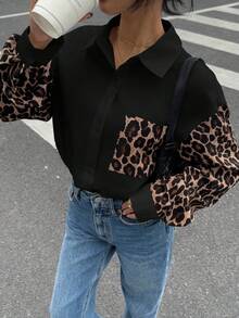 Siren Gaze Koszula damska z długim rękawem i nadrukiem w panterkę, minimalistyczna koszula damska w stylu retro, koszula damska w stylu ulicznym, koszula z nadrukiem w panterkę