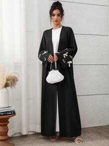 Yasmyna 女士优雅串珠蝴蝶结装饰阿拉伯长袍 - 黑色 - 查看 4