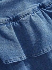 Sweetra Ruched Waist Ruffled Hem Mid-Waist Denim Skater Skirt - Medium Wash - View 4