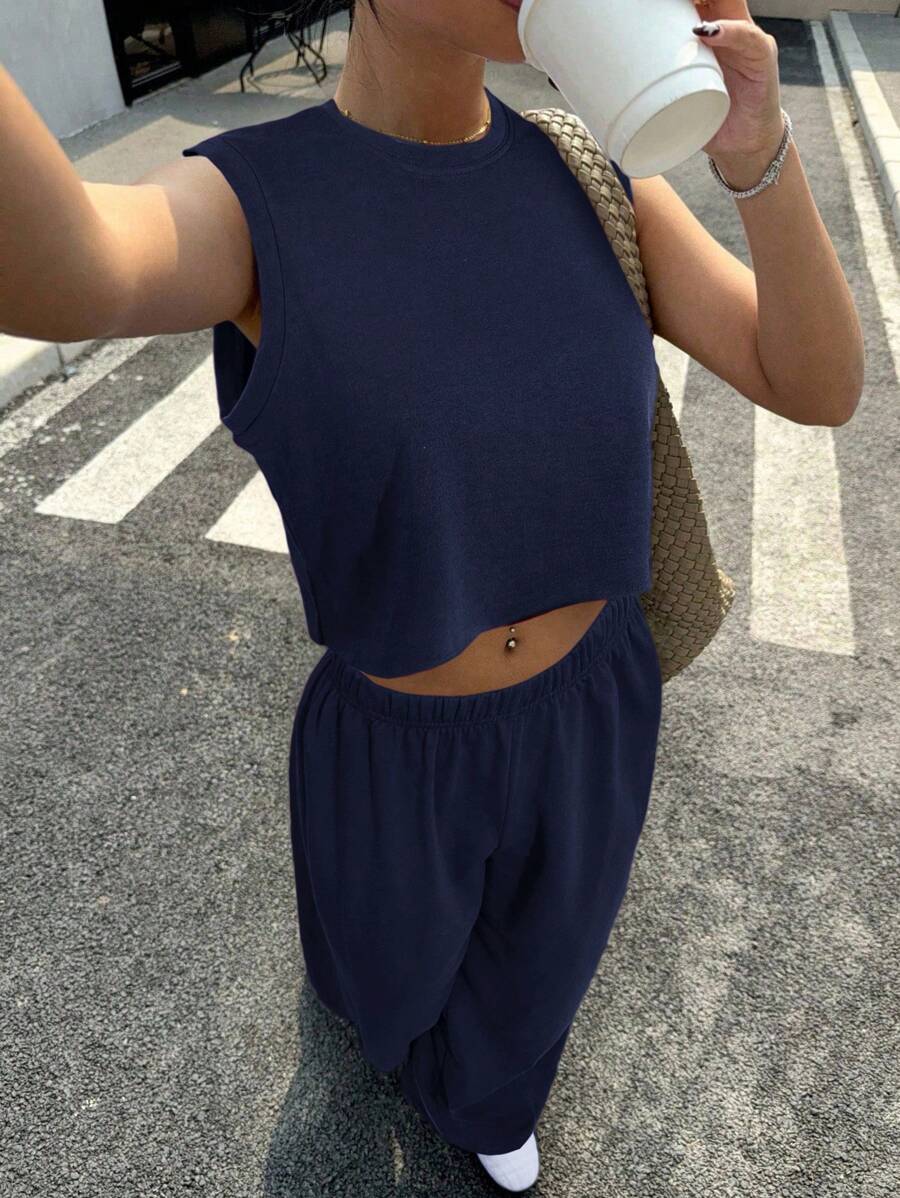 Muchica Bộ quần áo và áo thun rộng rãi cổ tròn màu xanh navy cho nữ - Màu xanh hải quân - Xem 1