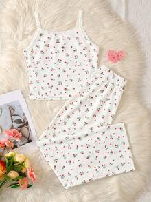 SHEIN 2 件套青少年女孩简约碎花蕾丝花边吊带和直筒睡裤套装，柔软舒适的家居服 - 白色 - 查看 3