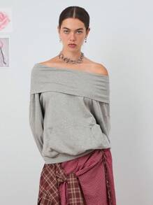 COUREZ Oversized Off Shoulder Sweatshirt /Y2K Going Out Tops  Women Clothes  Clothes Cute Off The Shoulder Top - Grey - View 4