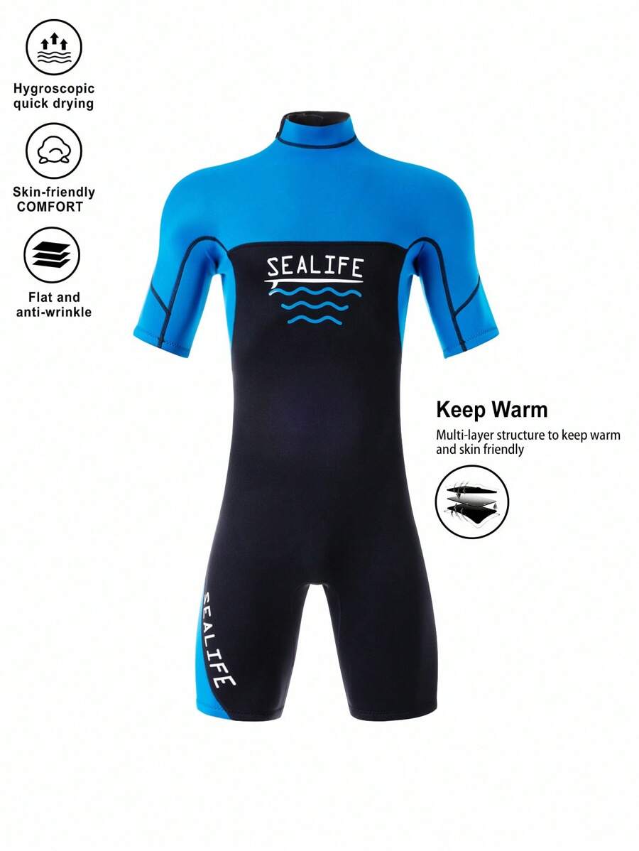 Manfinity KASUA Men's Professional Diving Suit Short Sleeve High Neck Back Zipper Fitted Men Wetsuits, Suitable For Outdoor Swimming And Diving Men's Shorty Wetsuit Short Sleeve Wetsuit Men Wetsuit Beach Diving Protective Swimsuit Workout Swim