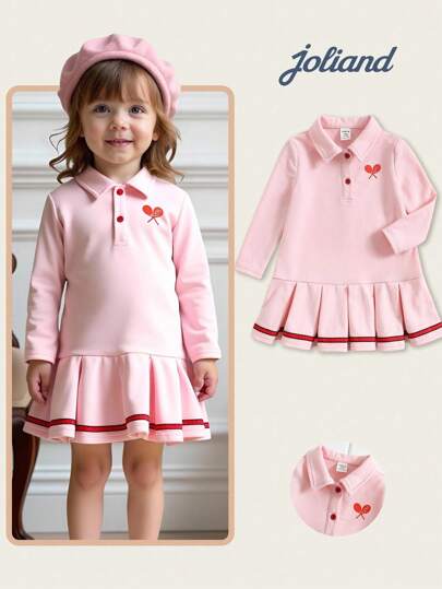 Joliand 1pc Baby Girls Elegant Urban School Cute Pink Long Sleeve Polo Dress, Suitable For Casual Daily, Travel, Gathering, Party, Summer Baby Tennis Dress Baby Girl Dress With Hat Pink Baby Dress Baby Girl Polo Dress Toddler Girl Tennis Outfit