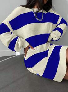 Cloudara Two Tone Drop Shoulder Sweater Dress - Blue - View 3