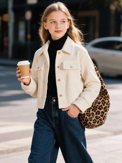 Girls Solid Color Versatile Minimalist Daily Wear Turndown Collar Jacket, Suitable For Autumn/Winter Fall