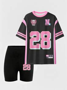 Conjunto de camiseta y pantalones cortos de ciclista con estampado gráfico de número 13 y eslogan, de moda casual para mujer - Multicolor 8 - Ver 3