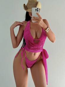 Swim SXY 4 件套女士新款性感比基尼套装：细肩带露背上衣、侧系带衬衫、侧系带泳裤、侧系带迷你裙、夏季泳装 - 彩色 - 查看 6