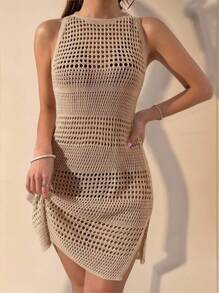 EMERY ROSE Women'S Round Neck Hollow Out Loose Cover-Up Dress With Side Slits,Summer Beach - Khaki - View 4