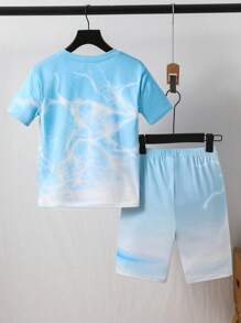 SHEIN 2pcs Kids/Tween Boys Casual Everyday Versatile Comfortable Printed Pattern Crew Neck Loose Pullover Short Sleeve Top And Shorts Knit Tight Fit Pajama Set Boys Sleepwear Boys Pajamas Set Boy Pajama Shorts Sets Snug Fit - Multicolor - View 2