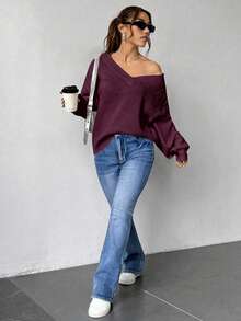 EURMUSE Maglione casual oversize da donna a maniche lunghe con scollo a V e spalle cadenti, in tinta unita - Bordò - Visualizzare 3