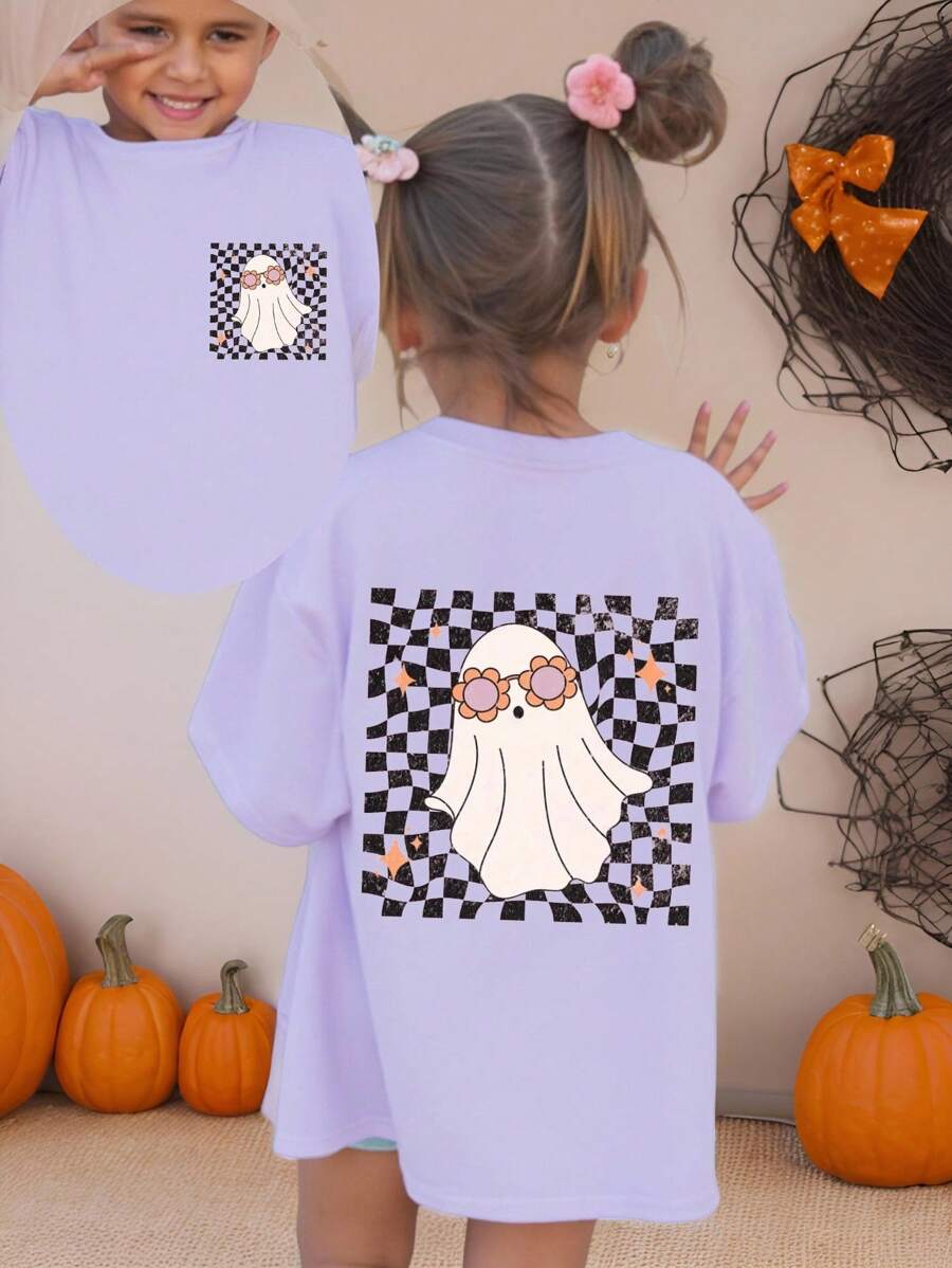 年轻女孩休闲舒适时尚格纹图案和鬼怪趣味印花短袖 T 恤，万圣节可爱鬼怪图案上衣 - 紫色 - 查看 1