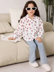樱桃印花长袖单排扣休闲衬衫（适合年轻女孩） - 彩色 - 查看 6