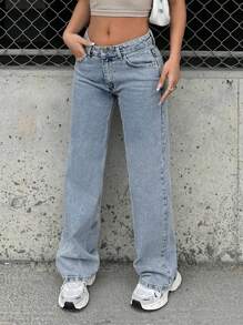 EURMUSE 100%Cotton Petite Low Waist Wide Leg Jeans - Light Wash - View 6