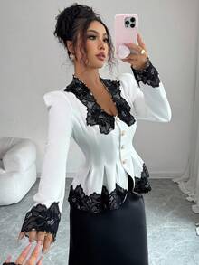 Elenzga 女士优雅时尚通勤休闲迷人复古浪漫假日长袖腰部聚拢A字下摆前开蕾丝花边纯色衬衫（蕾丝花边随机） - 白色 - 查看 6