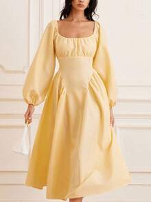 Chiquease Váy xòe tay đèn lồng phong cách Pháp thanh lịch, cổ vuông, eo thon, thiết kế ôm sát, thanh lịch, đa năng - Vàng nhạt - Xem 3