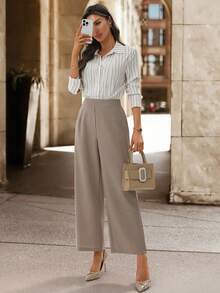 SHEIN Clasi Women's Lace Textured Straight Leg Pants, Faux Linen Deep Khaki Color, Elegant For Daily Wear And Commuting, Autumn/Winter - Khaki - View 7