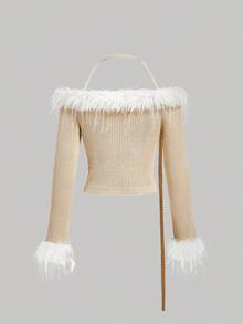 Skyraze 女式长袖杏色翻领露肩针织上衣，纽扣设计，时尚女式秋冬装 - 杏色 - 查看 2