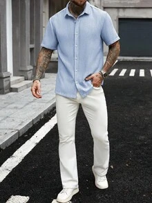 Manfinity Homme 男士纯色简约休闲短袖衬衫 - 淺藍色 - 查看 5