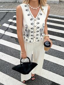 Serisse Women's Casual Commuting Embroidered Vest & Pants 2 Pieces Set