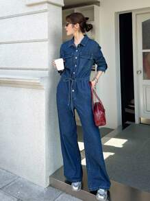 SHEIN Unity 女式秋季深牛仔蓝休闲通勤抽绳腰牛仔连体裤，秋季女装，外出服，商务休闲女装 - 中等水洗藍 - 查看 6