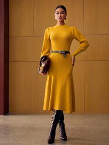 MOTF PREMIUM 罗纹针织A字形毛衣裙 - 芥末黃 - 查看 3