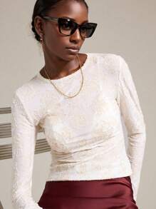 Ontre 优雅风格，简约设计，亚麻和弹性面料，杏色，激光切割针织，长袖，船领，修身廓形，女式 T 恤，女式上衣，秋季服装，日常休闲装，商务休闲装 - 杏色 - 查看 3