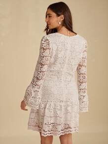Enchnt 优雅纯色蕾丝喇叭袖连衣裙 - 白色 - 查看 7