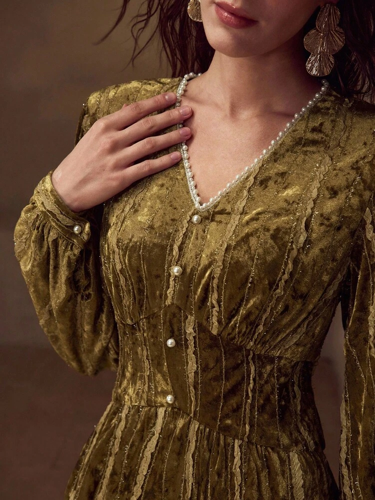 VELVET V-NECK BEADED DECOR LANTERN SLEEVE A-LINE DRESS