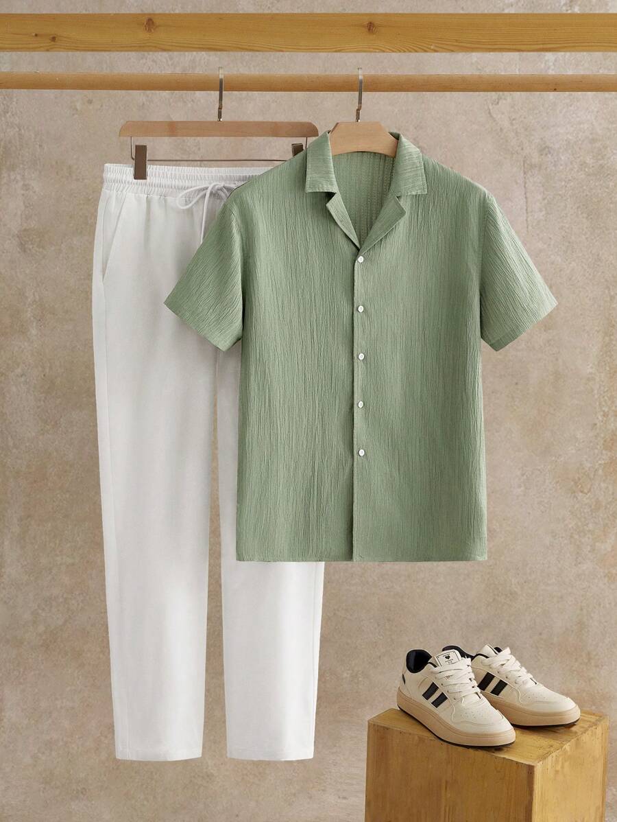 HIMLAND 2pcs/Set Men's Casual Shirt & Pants Set, 2 Piece Matching Vacation Set, Cozy Outfits