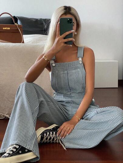 DAZY Casual Striped Women Denim Bib Pants, Suitable For Daily Wear Overalls