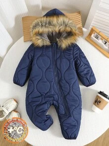 SHEIN 新生儿男女宝宝可爱连帽连体衣，带毛领，男女宝宝通用，抓绒/保暖/加厚，适合秋冬季节穿着 - 彩色 - 查看 6