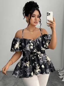 Elenzga Plus Size Elegant Off Shoulder Ruffle Hem A-Line Blouse, Spring/Summer - Black - View 3