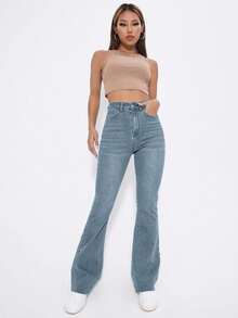 EURMUSE Women's Solid Color Minimalist Daily Wear High Waist Flare Jeans - Light Wash - View 6
