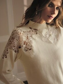 MOTF PREMIUM APPLIQUES CONTRAST LACE KNIT TOP - White - View 3