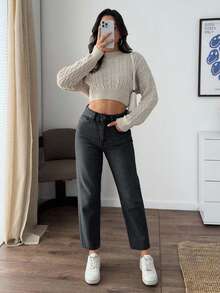 EURMUSE High Waist Slant Pocket Casual Mom Fit Jeans - Dark Grey - View 4
