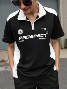 SHEIN 青少年男孩撞色拼布赛车图案 Polo 衫，休闲学院风，舒适、时尚、百搭、面料柔软，适合日常穿着、上学、户外活动 - 黑色 - 查看 1