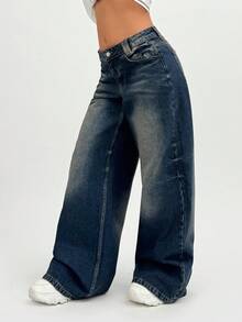 EURMUSE Low Waist Wash Detailed Wideleg Jean - Medium Wash - View 4