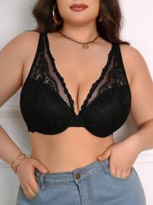 SHEIN Áo ngực ren vá sâu chữ V quyến rũ cỡ lớn dành cho nữ - màu đen - Xem 1