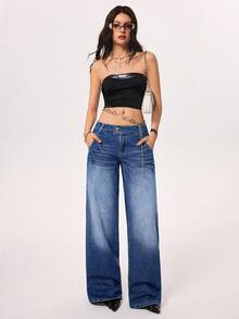 SHEIN EZwear 女式低腰口袋宽松休闲直筒牛仔裤 - 深色水洗藍 - 查看 3