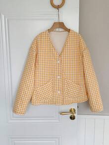 Comfortcana Women's Casual Plaid Long Sleeve Pocket Padded Coat In Fall/Winter - Yellow - View 3