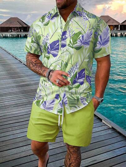 Manfinity RSRT 2 件男士休闲短袖衬衫和抽绳宽松短裤套装