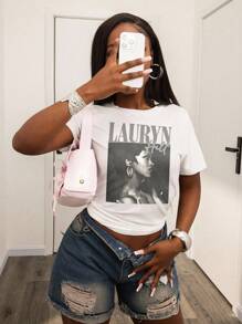 Rovax Women Letter & Figure Print Round Neck Short Sleeve Casual T-Shirt - White - View 5