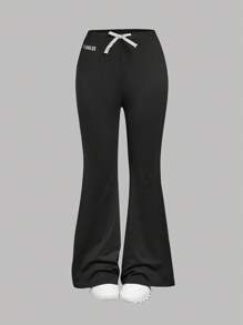 SHEIN Girlism 2 件套青少年女孩休闲运动图案文字和位置印花丝带蝴蝶结装饰修身喇叭裤套装，黑色和灰色，秋冬 - 淺粉色 - 查看 7