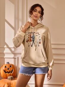 Glamance Lemon Design 女式字母和骷髅印花长袖抽绳连帽休闲运动衫万圣节运动衫图案连帽衫女式秋季服装女式万圣节连帽衫图案运动衫外出秋冬 - 杏色 - 查看 4